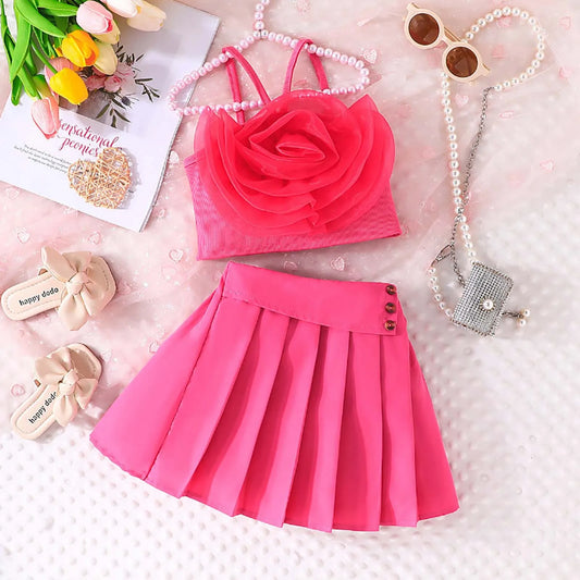 Girls Children'S Set For Kids Solid Color Three Flower Skirts Set Dress Long Sleeve Shirt Sling+Dress Summer Overalls