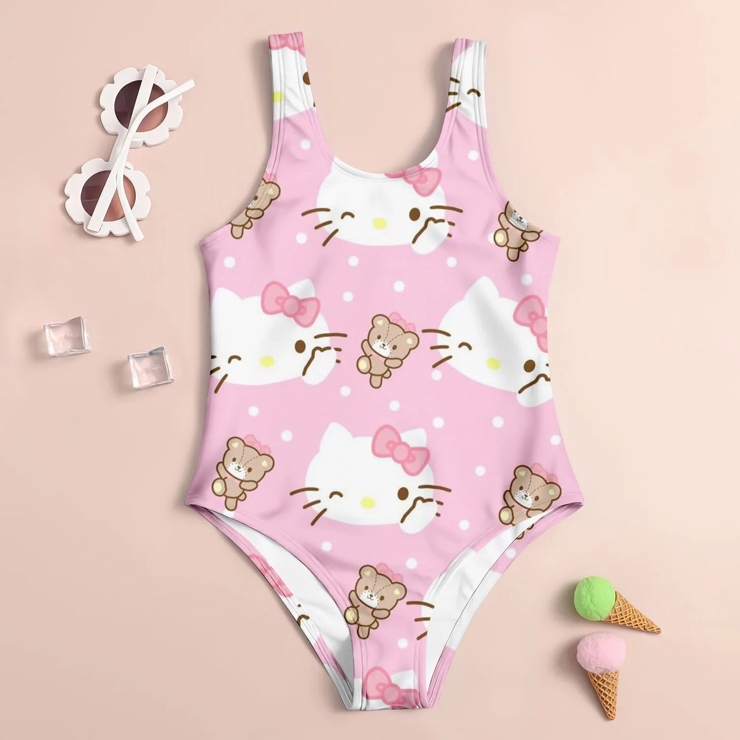 Kids  set swimsuit 3D hello kitty printed pattern printed girl's swimsuit - suitable for summer beach vacation swimming