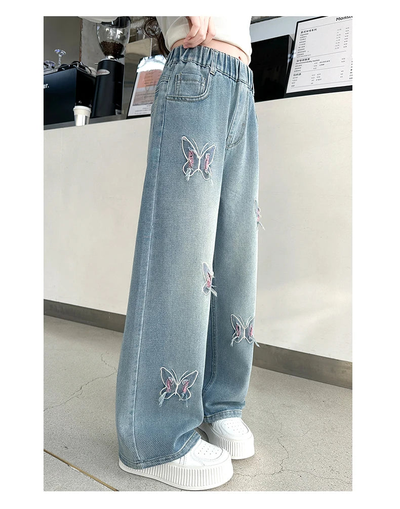 Girls versatile butterfly ripped  jeans wide-leg pants 2025 new product fashionable versatile medium and large children slimming