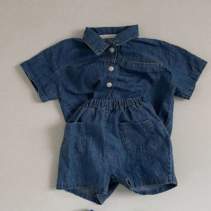 Korean Style 1-6Yrs Baby Boys Girl Clothes Set Cotton Linen Short Sleeved Cardigan+Shorts Kids Clothing Suit For Summer