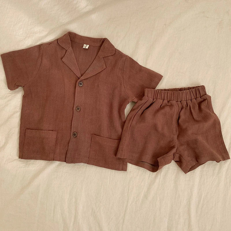 Korean Style 1-6Yrs Baby Boys Girl Clothes Set Cotton Linen Short Sleeved Cardigan+Shorts Kids Clothing Suit For Summer