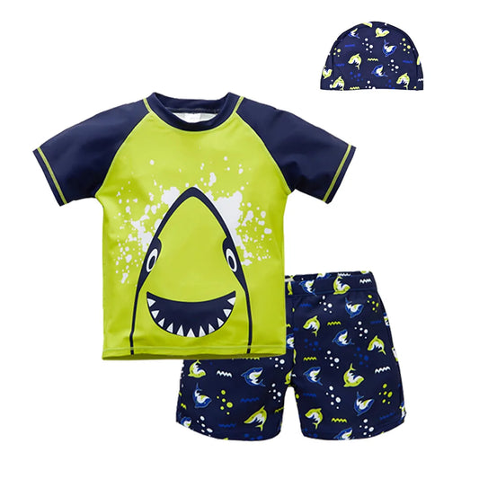 Summer Children Swimsuit Boys With Shorts Shark Printing Kids Boy Sports Suit Hat Swimwear Kids Boardshort  Praia Menino