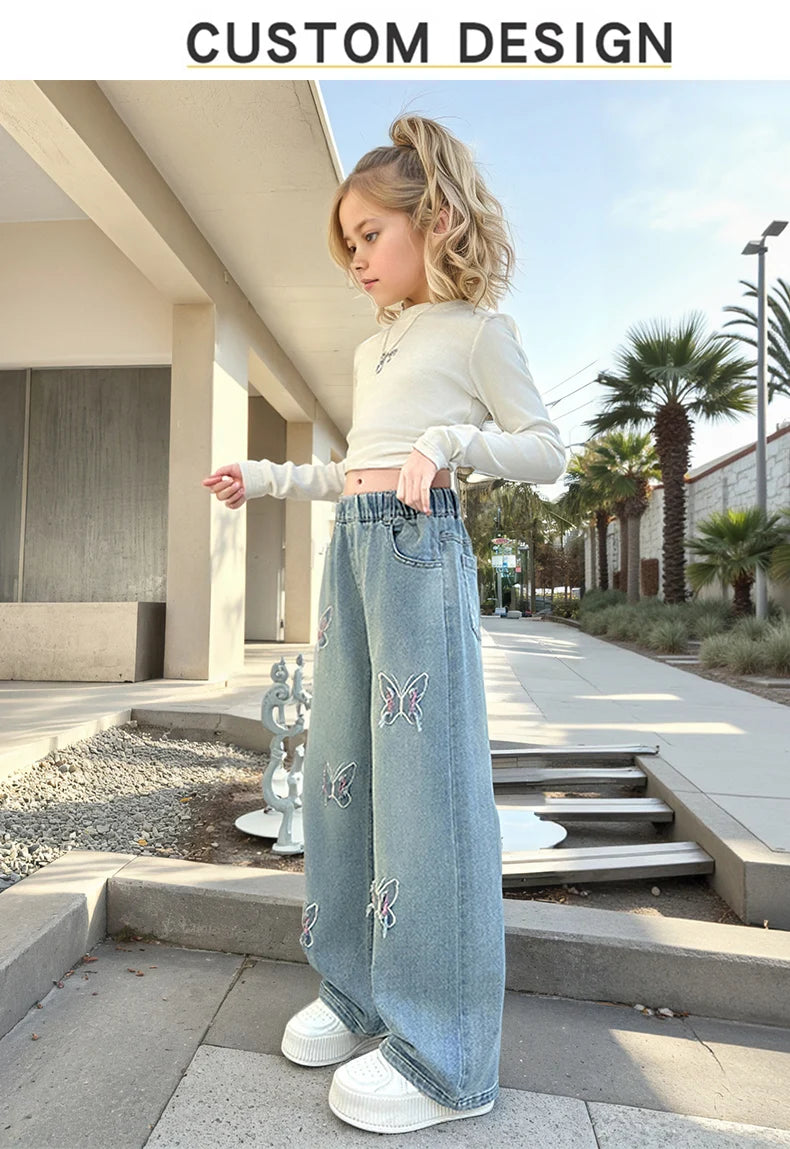 Girls versatile butterfly ripped  jeans wide-leg pants 2025 new product fashionable versatile medium and large children slimming