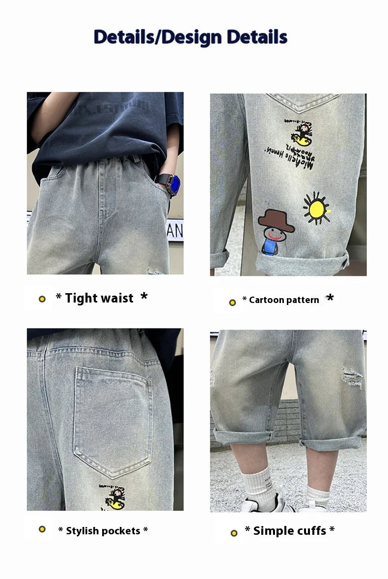 Boy Ripped Jeans 2025 New Product Mid-Pants Summer Fashion Casual Boys Denim Mid-Pants  Printed Cropped Pants 5-15 years old
