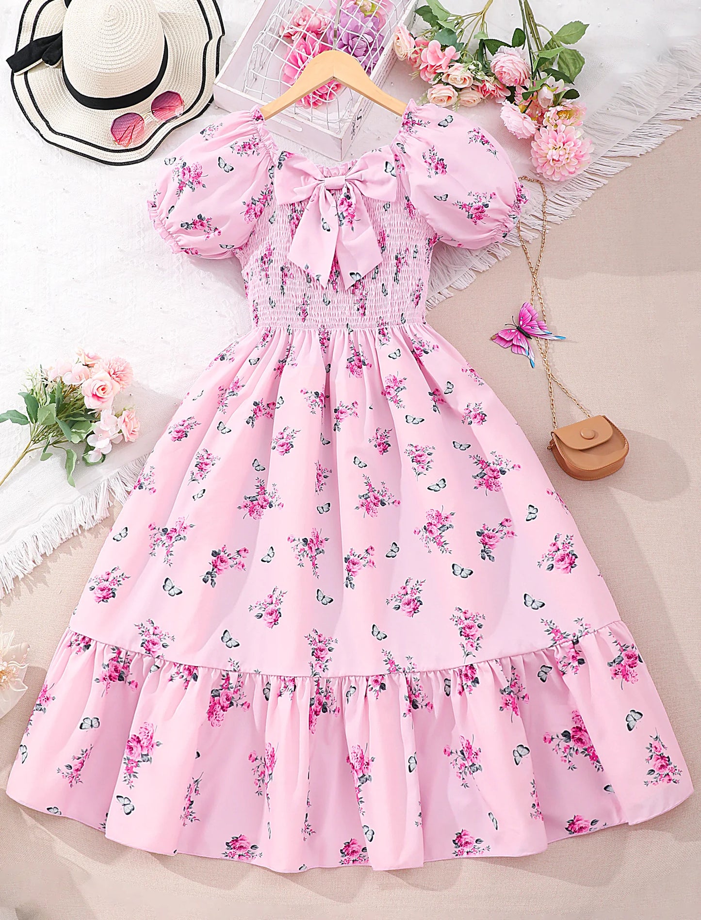 New Children Clothes Teen Girl Dresses Summer Blue Floral Long Big Kids Party Dress Fashion Elegant Pretty 13 14 15 16Yrs Old