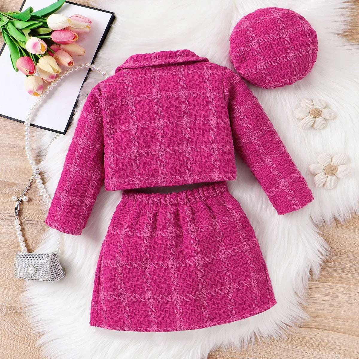 PatPat 3pcsToddler Girl's Solid Color Classic Grid Houndstooth Suit Dress Set with Hat Suitable for Summer Season