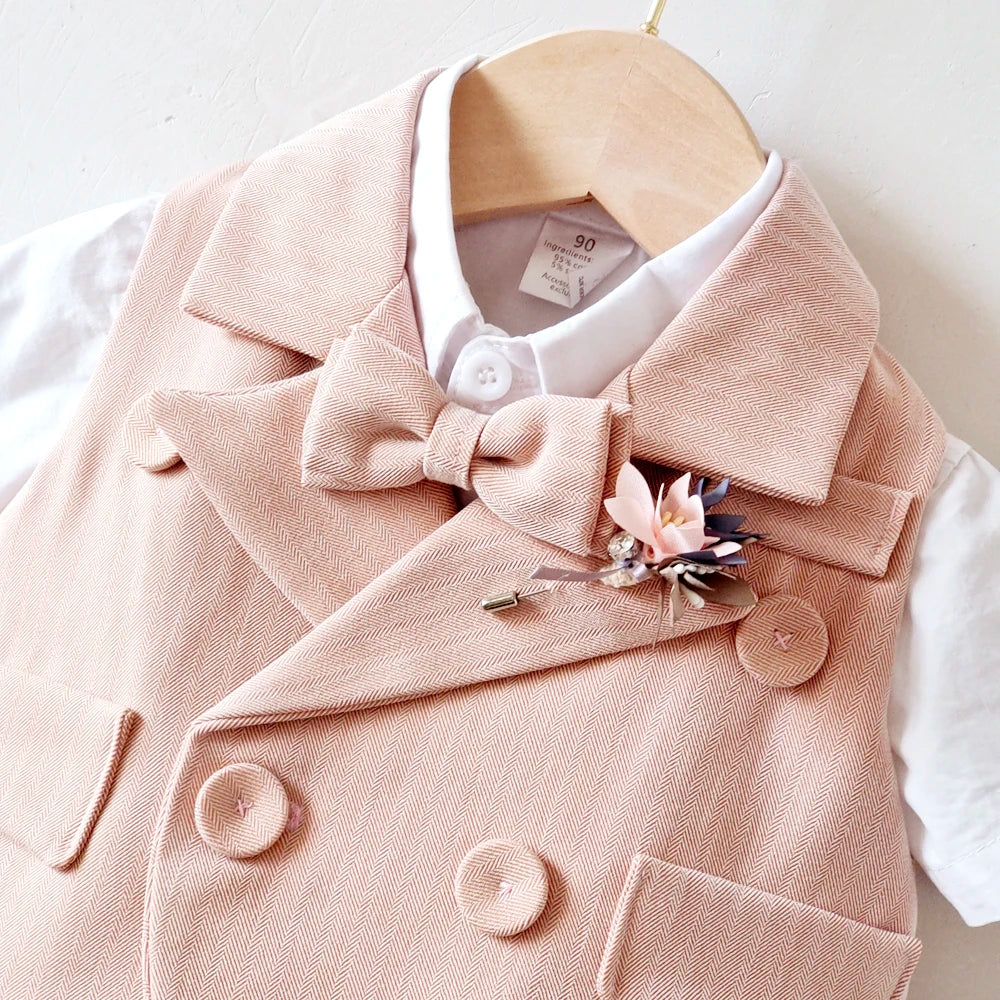 Kids Clothes Pink Boys Suit 3 Piece Vest Short Tiebow +Hat Clothing Set Tuxedo Kids Fashion Custom 1-4 Years Birthday Dress