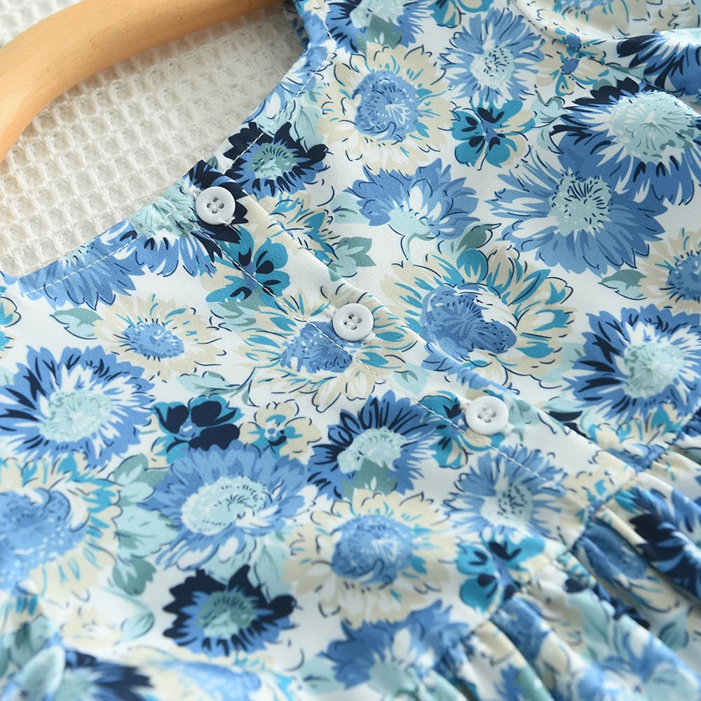 Kid's Dress For 2-6 Years Girls Blue Floral Short Sleeve Princess Dress Summer Fashion Kids Casual Dresses