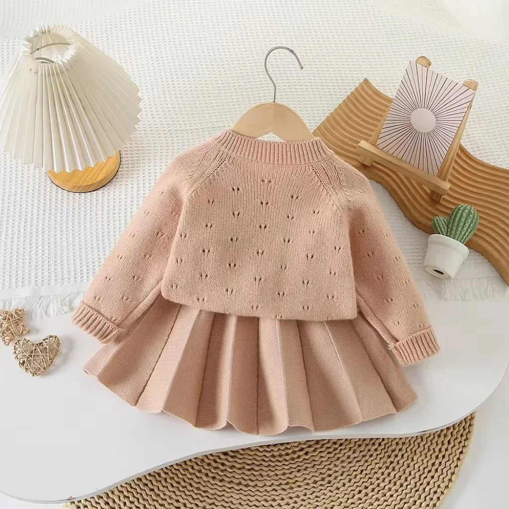 Children's Clothing Sets Cutout Floral Cardigan Sweater + Pleated Skirt Knitted Sweater Girls Winter Clothes Pullovers for Kids