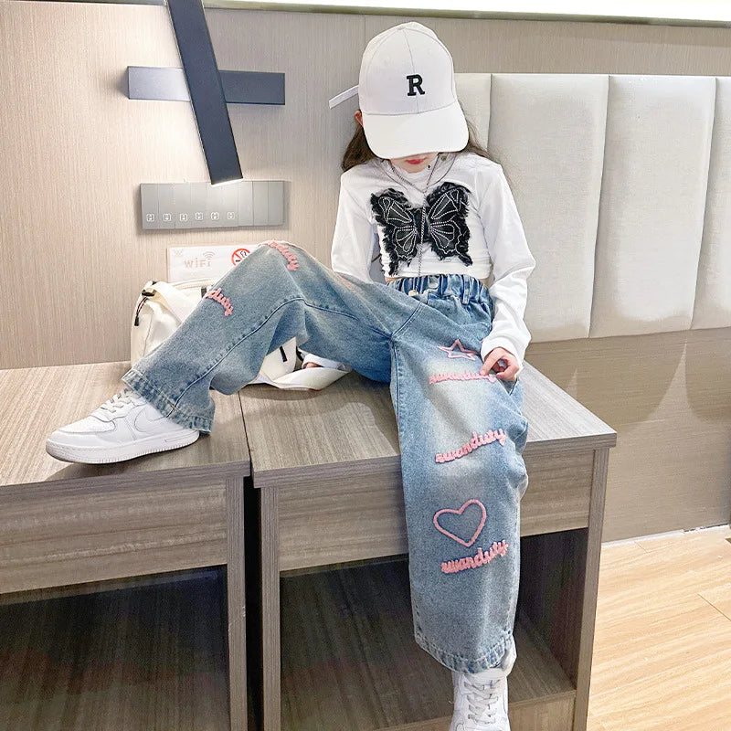 New 2024 Spring Teenagen Girls Jeans Stars Love Towel Embroidered wide Leg Long pants Baggy Denim Trousers for 4-13yrs Kids Girl