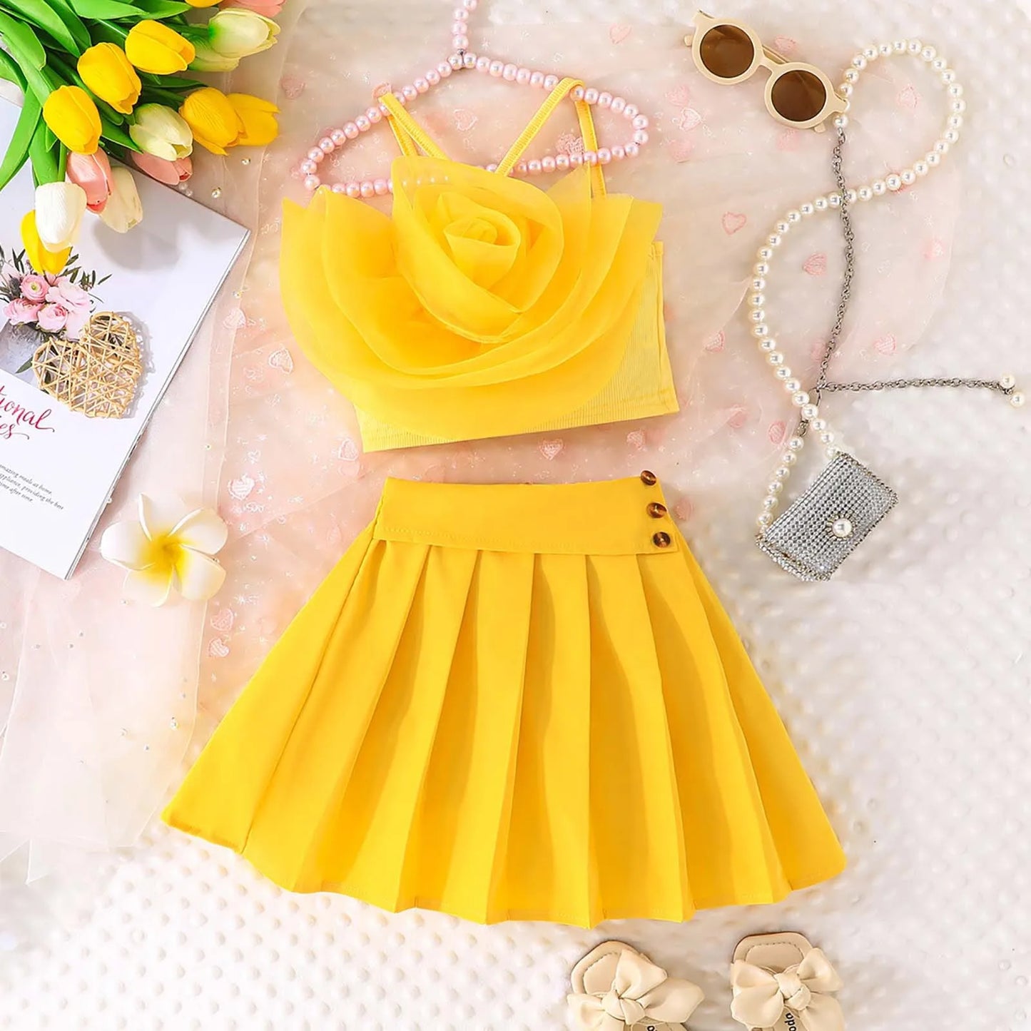 Girls Children'S Set For Kids Solid Color Three Flower Skirts Set Dress Long Sleeve Shirt Sling+Dress Summer Overalls