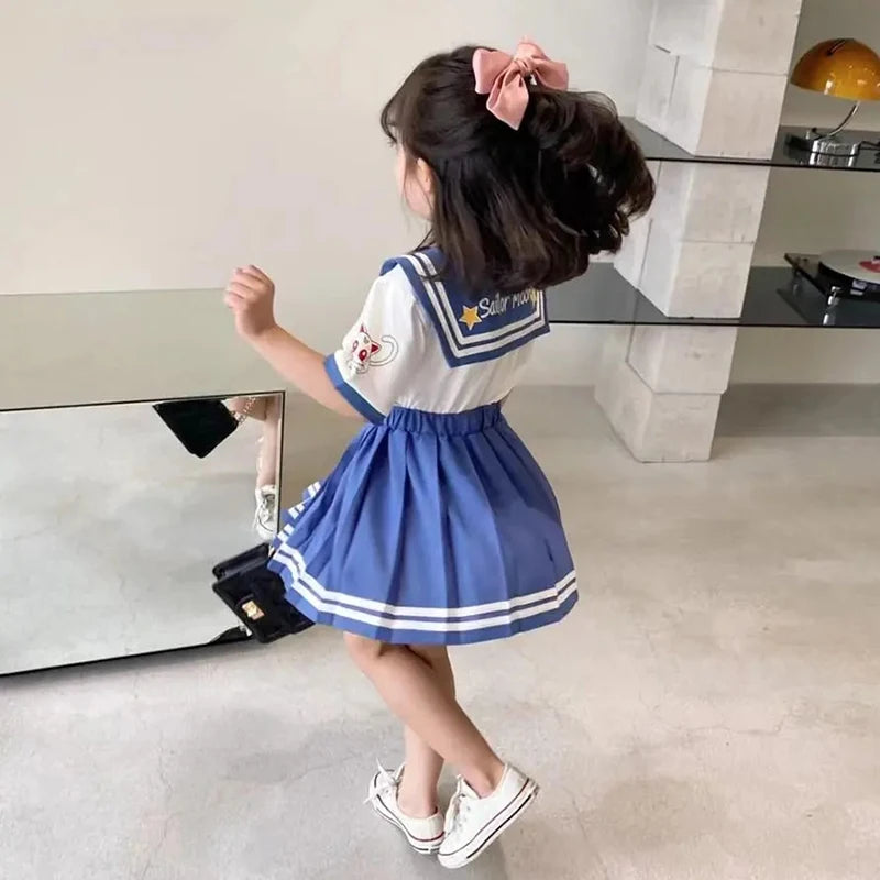 Kids Girls Clothes Sets Cartoon Bow T-Shirts Tops Pleated Skirts Suits Sailor Moon Cosplay Party Custume Children Clothes Sets