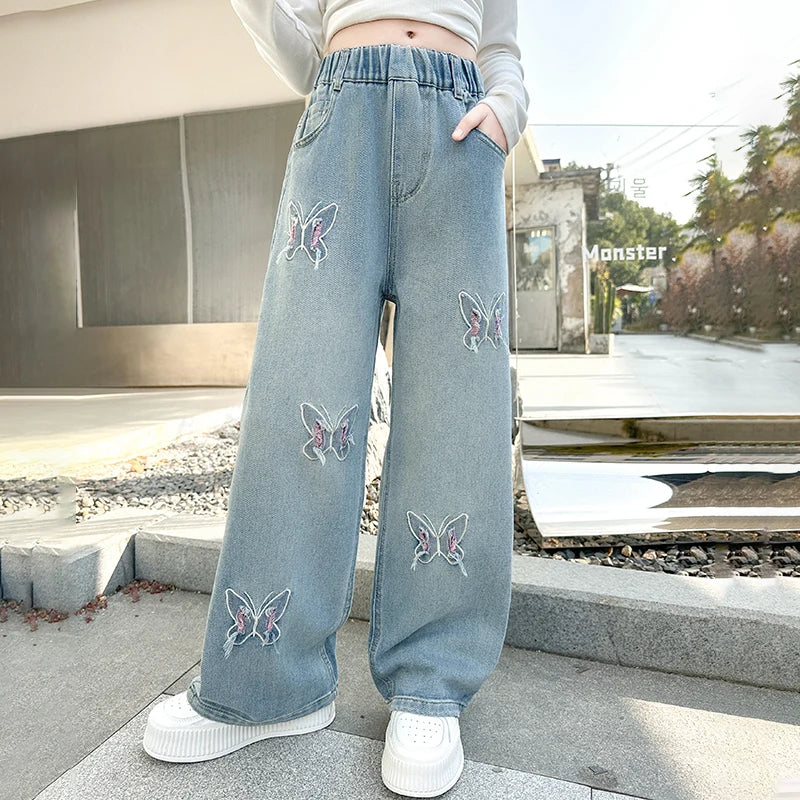 Girls versatile butterfly ripped  jeans wide-leg pants 2025 new product fashionable versatile medium and large children slimming