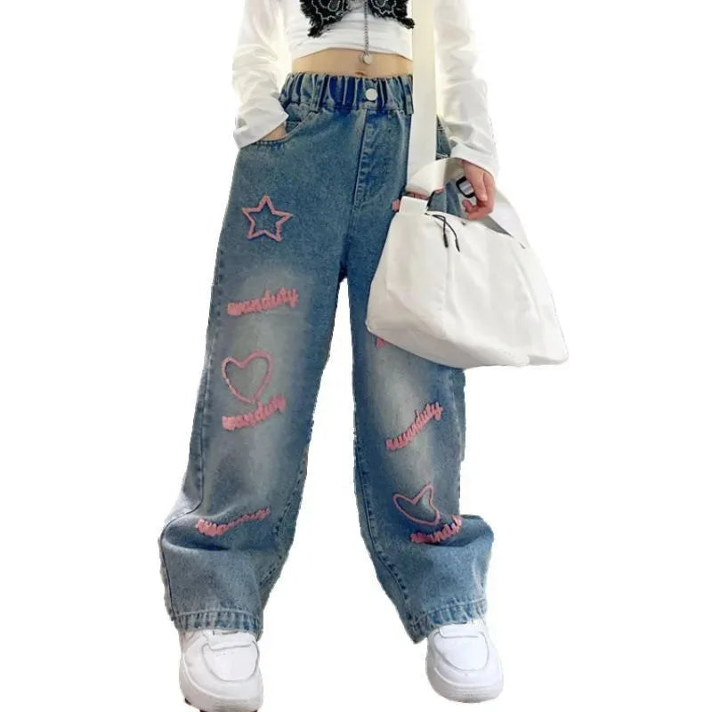 New 2024 Spring Teenagen Girls Jeans Stars Love Towel Embroidered wide Leg Long pants Baggy Denim Trousers for 4-13yrs Kids Girl