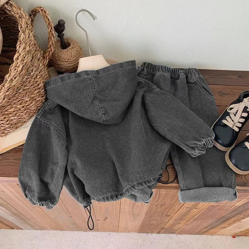 Children's clothing Spring and Autumn, boys' denim hooded sweatshirt, women's Baoyang solid color long sleeved top and pants set