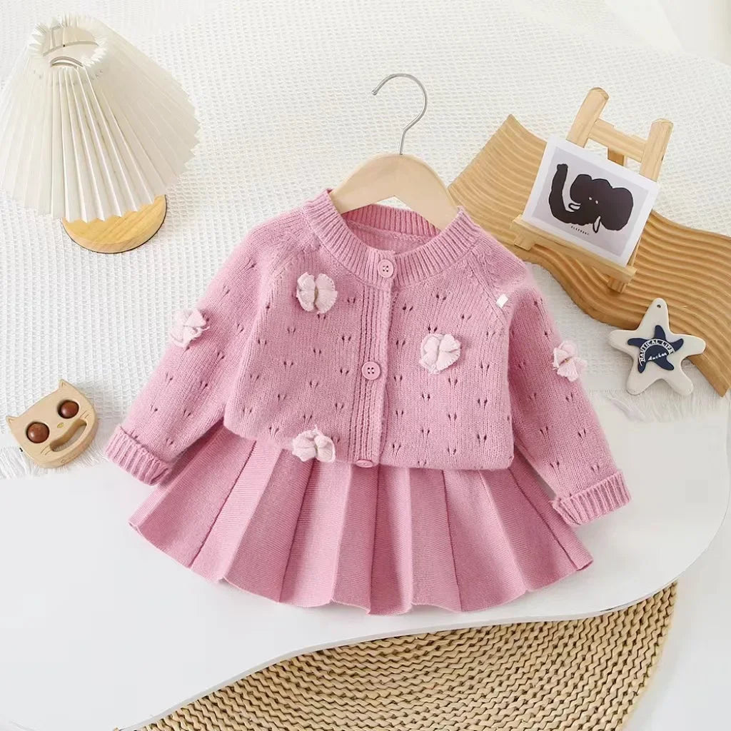 Children's Clothing Sets Cutout Floral Cardigan Sweater + Pleated Skirt Knitted Sweater Girls Winter Clothes Pullovers for Kids