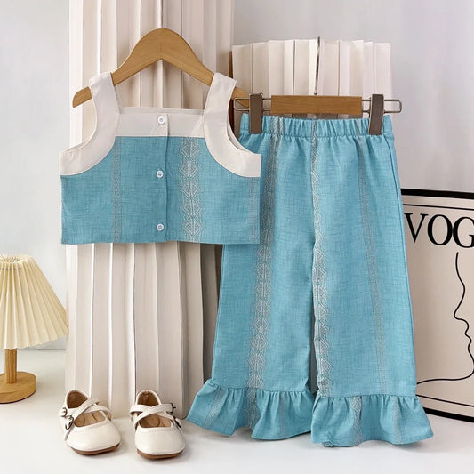 Kids Clothes Blue Printed Camisole Top+wide Leg Pants Set Summer Sleeveless Vest Single Breasted Top Girls' Clothing