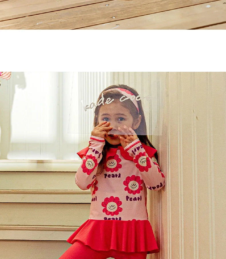Children's Swimsuit 3-piece Suit Swimwear Girls Cute Flower Sun Protection Long Sleeve Kids' Beach Swimsuit with Swimming Cap