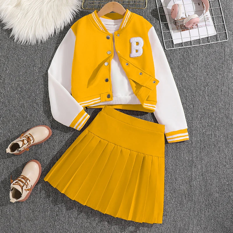 Girls Sets Letters Applique Baseball Outwear & Pleated Skirt Spring Outfit Tween Girls Casual Sporty Sets Trendy Kids Suits