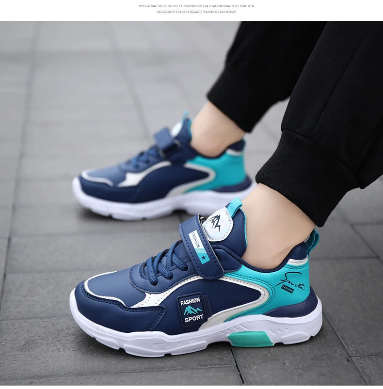 Kids Fashion Sport Casual Sneakers for Boys Leather Upper Children's Outdoor Lightweight Shock-Absorbing Running Shoes