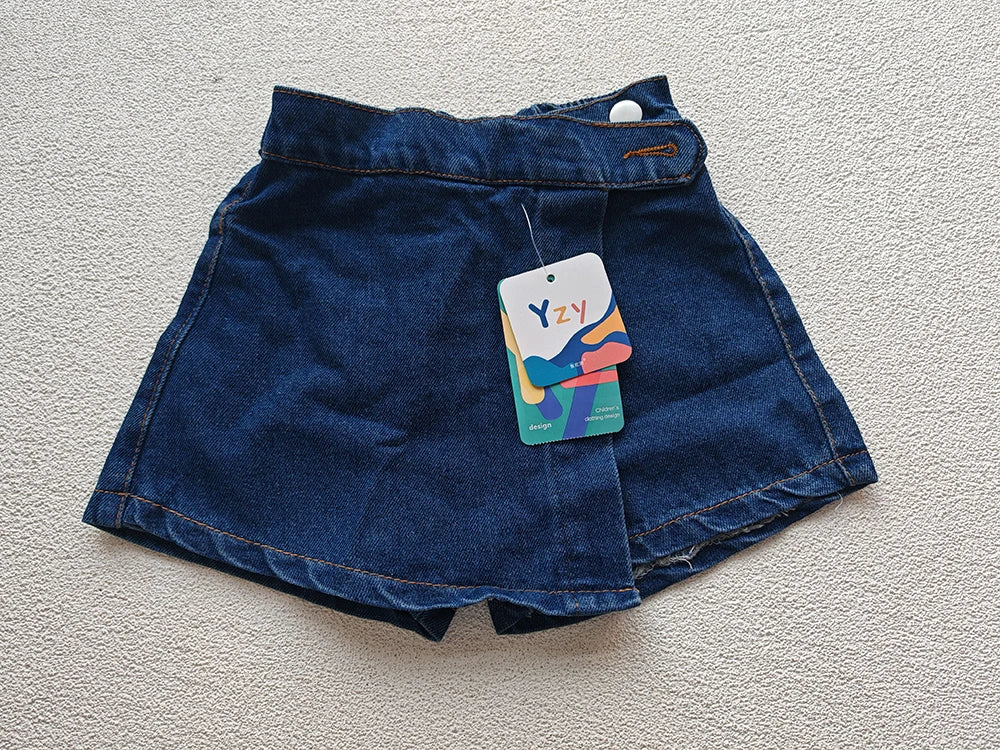 Korean Fashion New Summer Kids Girl Skirt Shorts Solid Elastic Waist Button Soft Denim Culotte Children Versatile Clothing