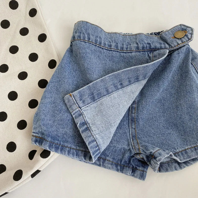 Korean Fashion New Summer Kids Girl Skirt Shorts Solid Elastic Waist Button Soft Denim Culotte Children Versatile Clothing
