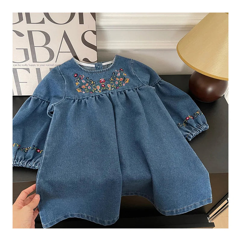 Kids Clothing  Spring And Autumnr Round Neck Floral Embroidered Long Sleeve Denim dress Girls Dress Princess Dress
