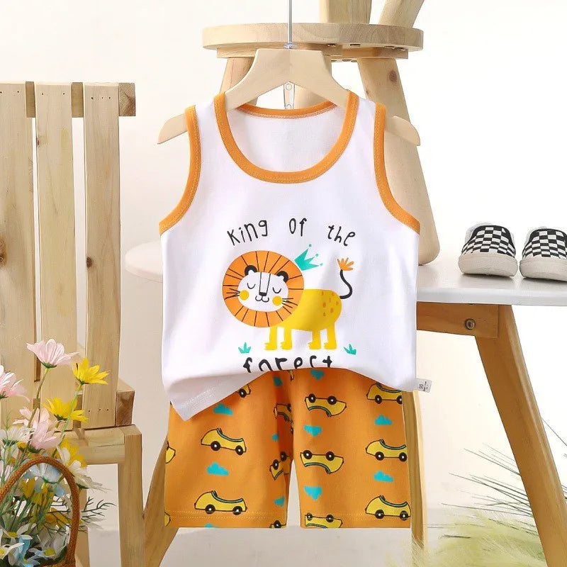 Kids Boys Girls Vest+Shorts 2-Piece Clothing Set Summer Tracksuit Baby Soft Cotton Cartoon Pajamas Home Wear Casual Clothes Suit