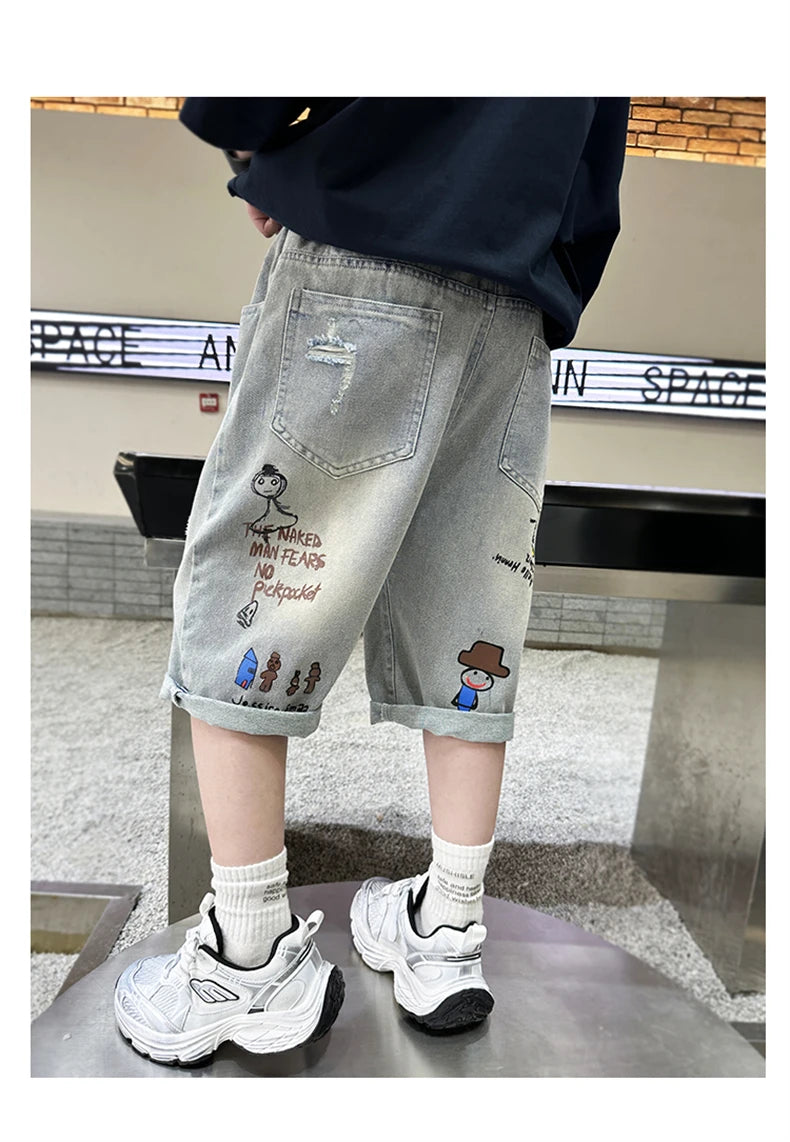 Boy Ripped Jeans 2025 New Product Mid-Pants Summer Fashion Casual Boys Denim Mid-Pants  Printed Cropped Pants 5-15 years old