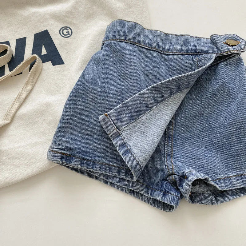 Korean Fashion New Summer Kids Girl Skirt Shorts Solid Elastic Waist Button Soft Denim Culotte Children Versatile Clothing