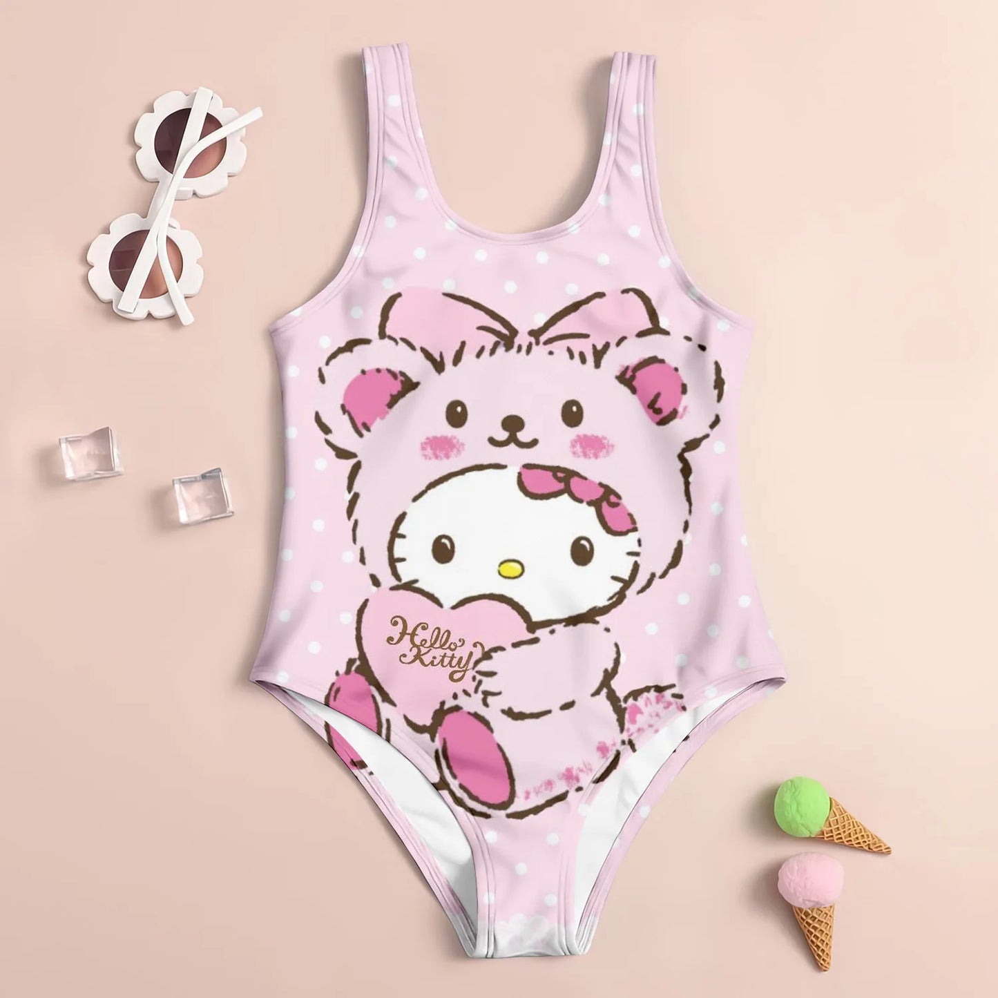 Kids  set swimsuit 3D hello kitty printed pattern printed girl's swimsuit - suitable for summer beach vacation swimming
