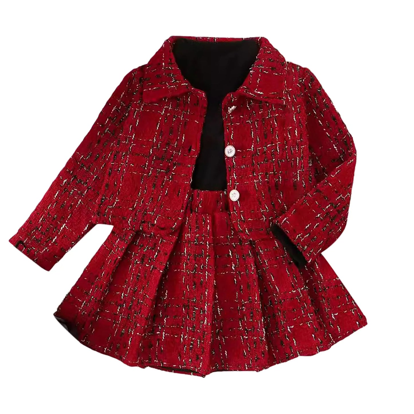 Spring And Autumn Girls Clothes Set 4Y,5Y,6Y,7Y Plaid Coats+Long Sleeved Ribbed Tops+Skirts Three Piece Outfits Children Clothes