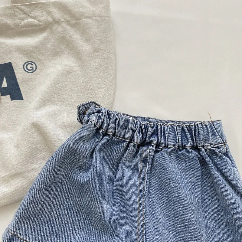 Korean Fashion New Summer Kids Girl Skirt Shorts Solid Elastic Waist Button Soft Denim Culotte Children Versatile Clothing