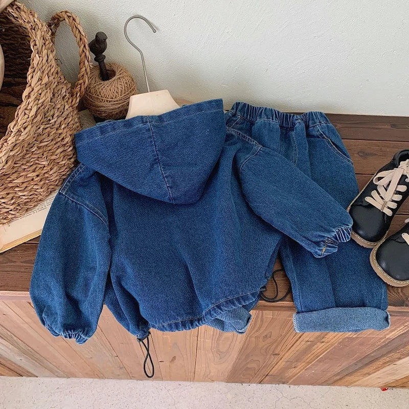 Children's clothing Spring and Autumn, boys' denim hooded sweatshirt, women's Baoyang solid color long sleeved top and pants set