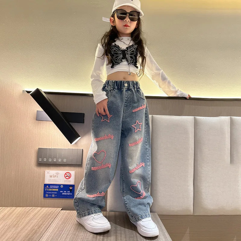 New 2024 Spring Teenagen Girls Jeans Stars Love Towel Embroidered wide Leg Long pants Baggy Denim Trousers for 4-13yrs Kids Girl