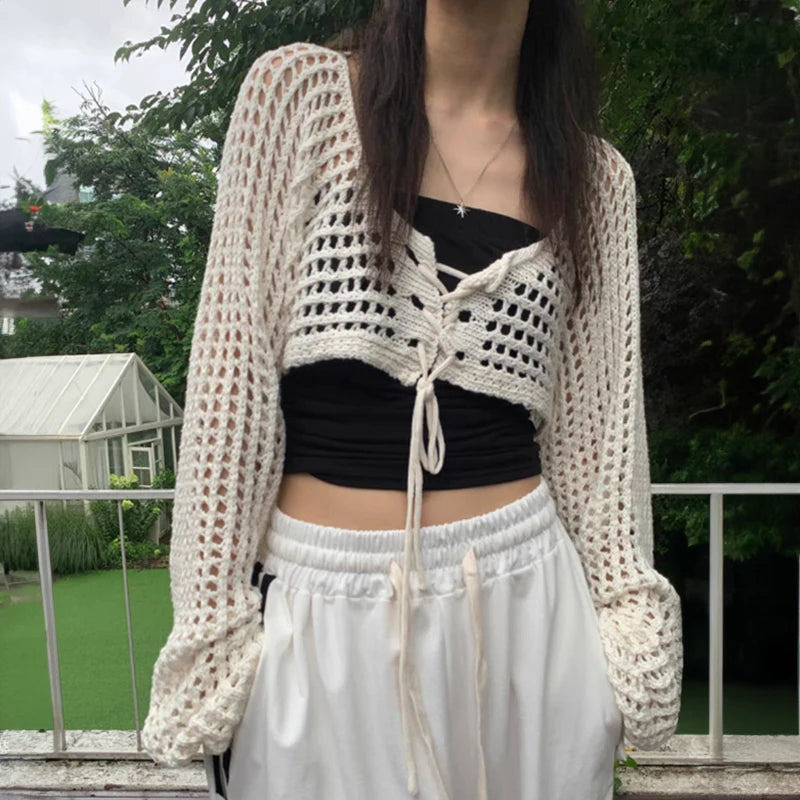 Crochet Crop Tie Front Cardigan Women Long Sleeve Sheer OpenKnit Bolero Shrug Top Summer Beach Bikini Cover Up Y2K Outfit