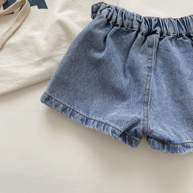 Korean Fashion New Summer Kids Girl Skirt Shorts Solid Elastic Waist Button Soft Denim Culotte Children Versatile Clothing