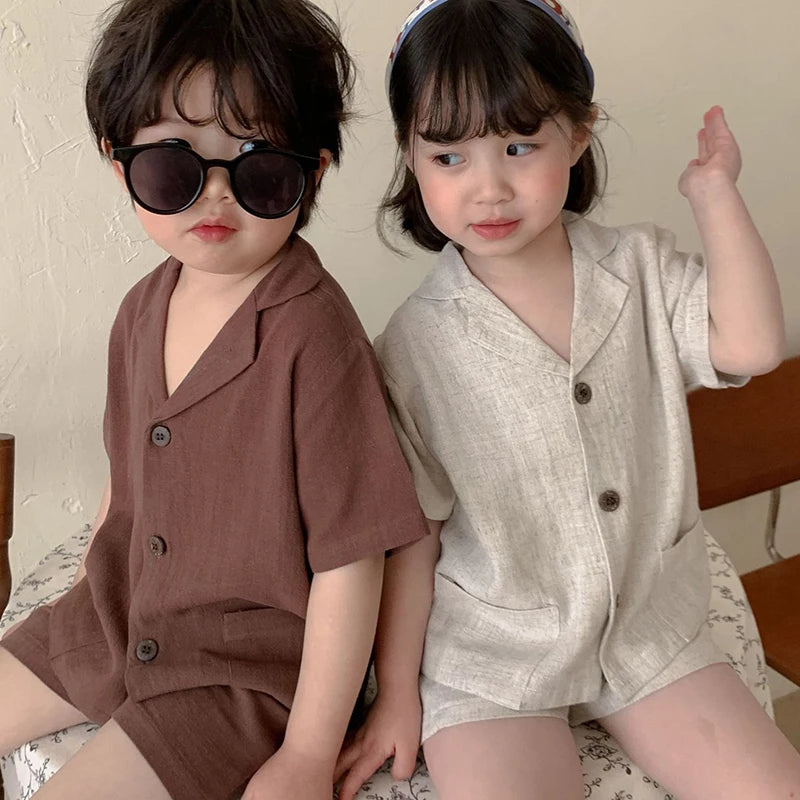 Korean Style 1-6Yrs Baby Boys Girl Clothes Set Cotton Linen Short Sleeved Cardigan+Shorts Kids Clothing Suit For Summer