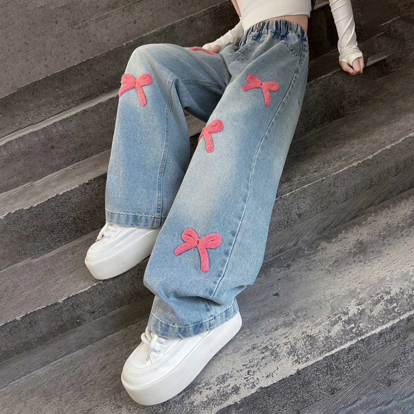2t Girl Clothes Girls Jeans Streetwear Denim Cargo Pants High Waist Floor Length Baggy Wide Leg Jeans Snow Pants Big Girls