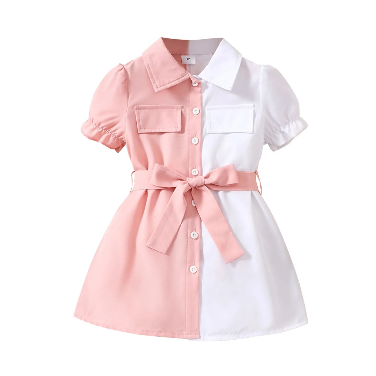 Girls Long Dress Infant Baby Summer Girls Dress Fashion Color Matching Pink And White Lapel Short платье для девочки нарядное