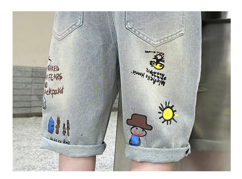 Boy Ripped Jeans 2025 New Product Mid-Pants Summer Fashion Casual Boys Denim Mid-Pants  Printed Cropped Pants 5-15 years old