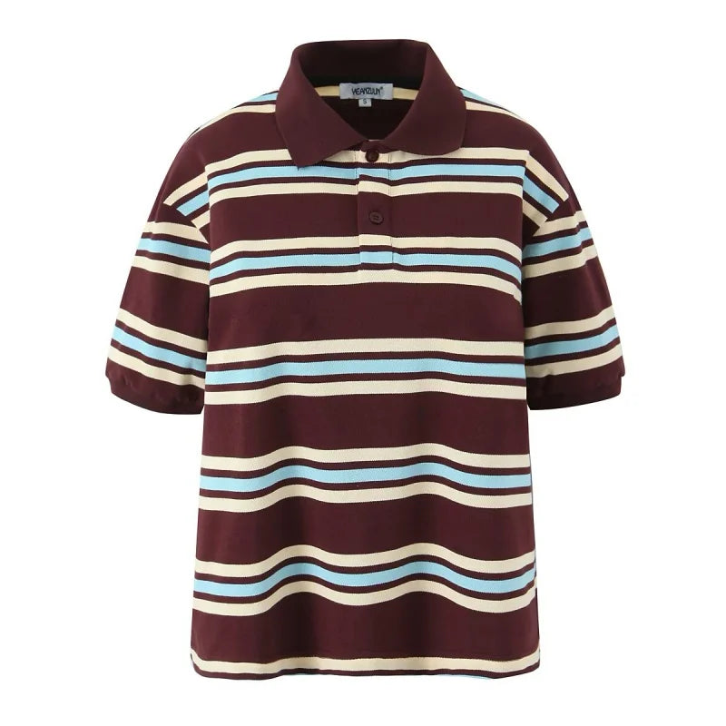 EDSA Women Striped T-shirt POLO Collar Short Sleeves for Summer Female Vintage Top