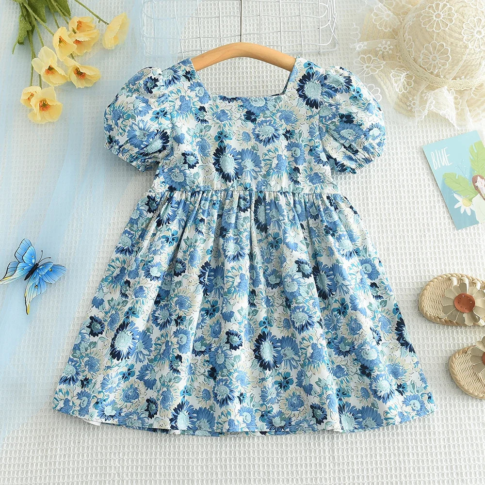 Kid's Dress For 2-6 Years Girls Blue Floral Short Sleeve Princess Dress Summer Fashion Kids Casual Dresses