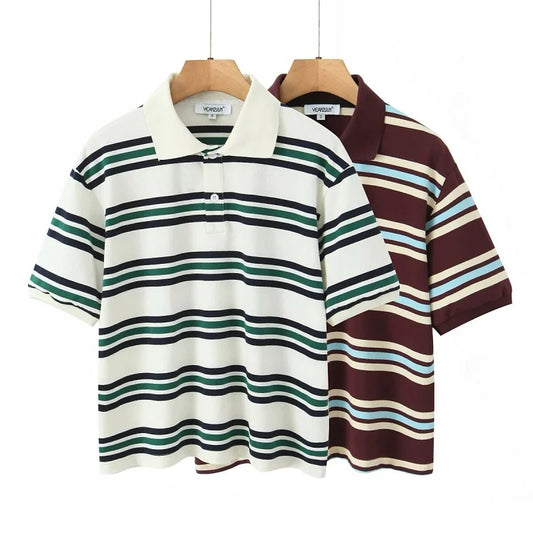 EDSA Women Striped T-shirt POLO Collar Short Sleeves for Summer Female Vintage Top