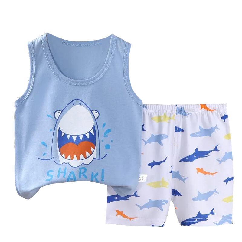 Kids Boys Girls Vest+Shorts 2-Piece Clothing Set Summer Tracksuit Baby Soft Cotton Cartoon Pajamas Home Wear Casual Clothes Suit