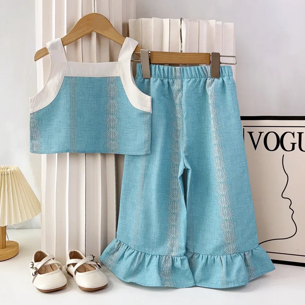 Kids Clothes Blue Printed Camisole Top+wide Leg Pants Set Summer Sleeveless Vest Single Breasted Top Girls' Clothing