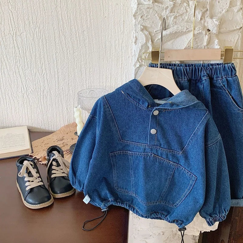 Children's clothing Spring and Autumn, boys' denim hooded sweatshirt, women's Baoyang solid color long sleeved top and pants set
