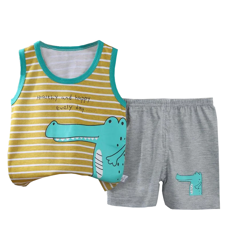 Kids Boys Girls Vest+Shorts 2-Piece Clothing Set Summer Tracksuit Baby Soft Cotton Cartoon Pajamas Home Wear Casual Clothes Suit