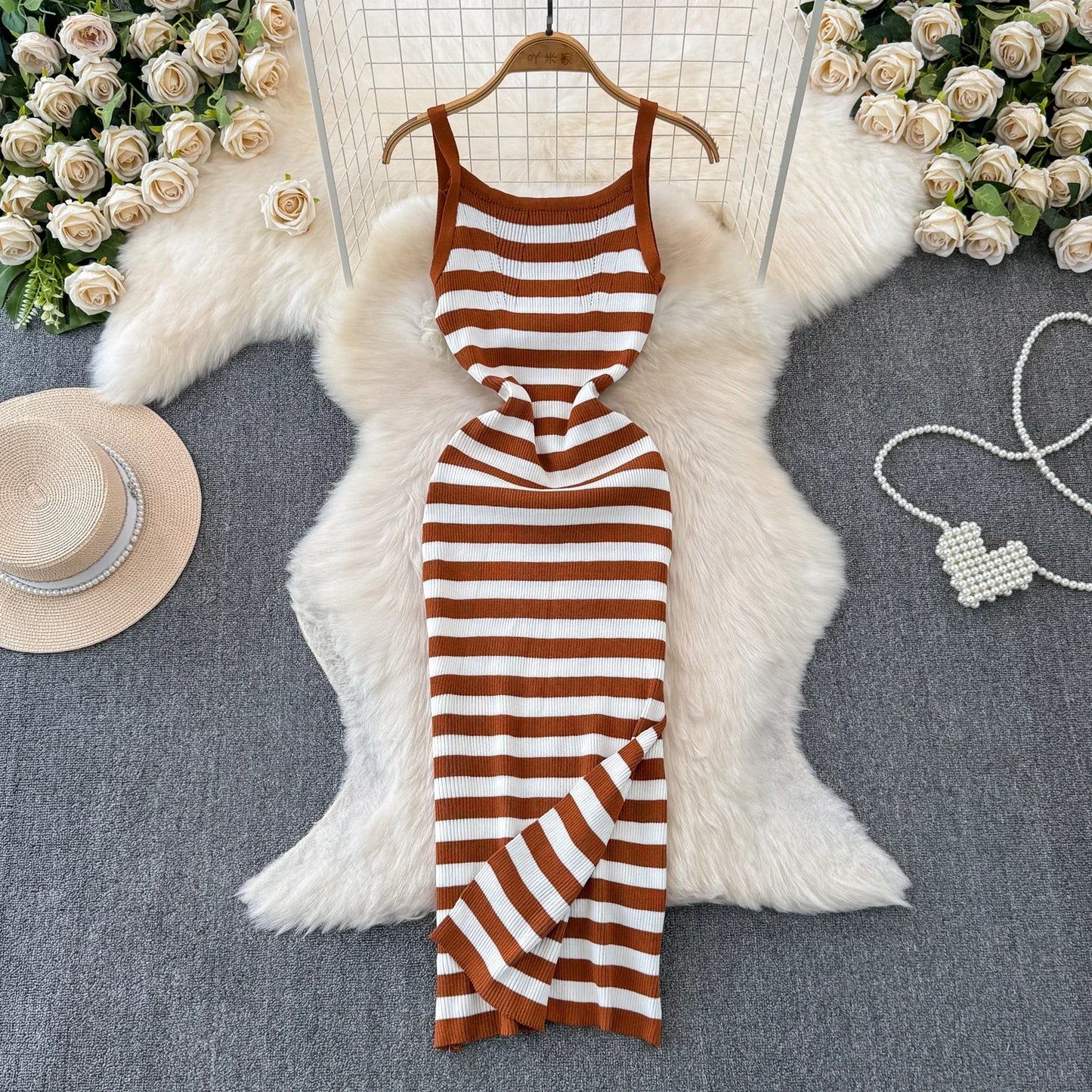 Strip Ins Fashion Sexy Package Hips Bodycon Dress Lady Embroidery Stripes Knitted Spaghetti Straps Outfits Long  Women Dress