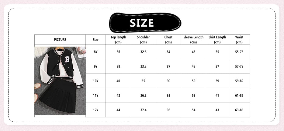 Girls Sets Letters Applique Baseball Outwear & Pleated Skirt Spring Outfit Tween Girls Casual Sporty Sets Trendy Kids Suits